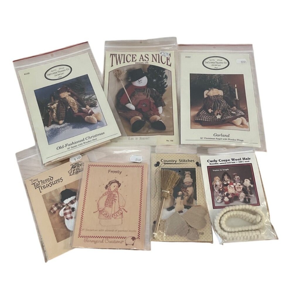 Vtg Craft Pattern Kits Assorted Christmas Snowman Angel Santa Wool Hair Lot of 7